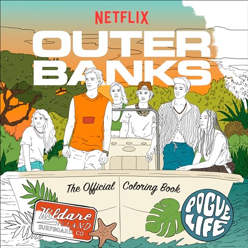 Outer Banks" coloring book cover featuring characters and a boat illustration.
