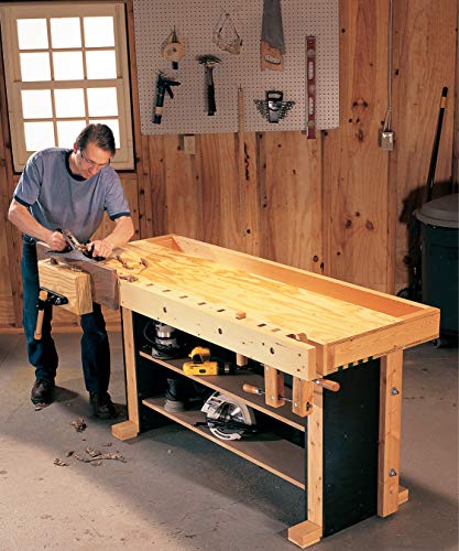 Man using a wood plane at a workbench in a woodshop.