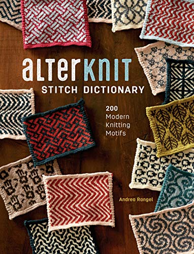 Knitting stitch dictionary cover with colorful textured swatch samples.