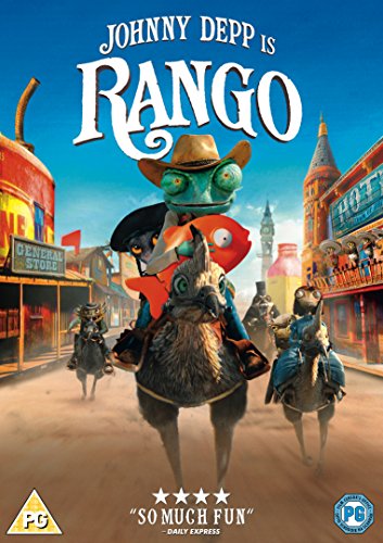 Rango" DVD cover featuring a chameleon cowboy and desert town scene.