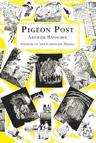 Book cover for Pigeon Post by Arthur Ransome featuring black and white line illustrations.