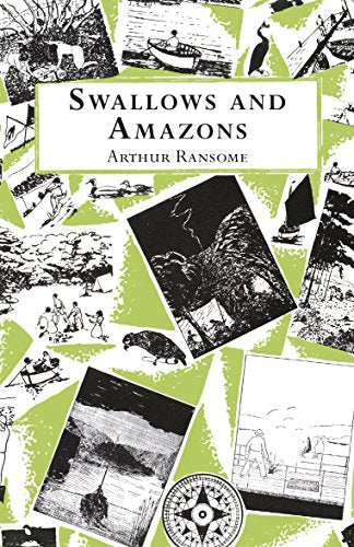 Book cover for "Swallows and Amazons" with sketched nautical scenes.