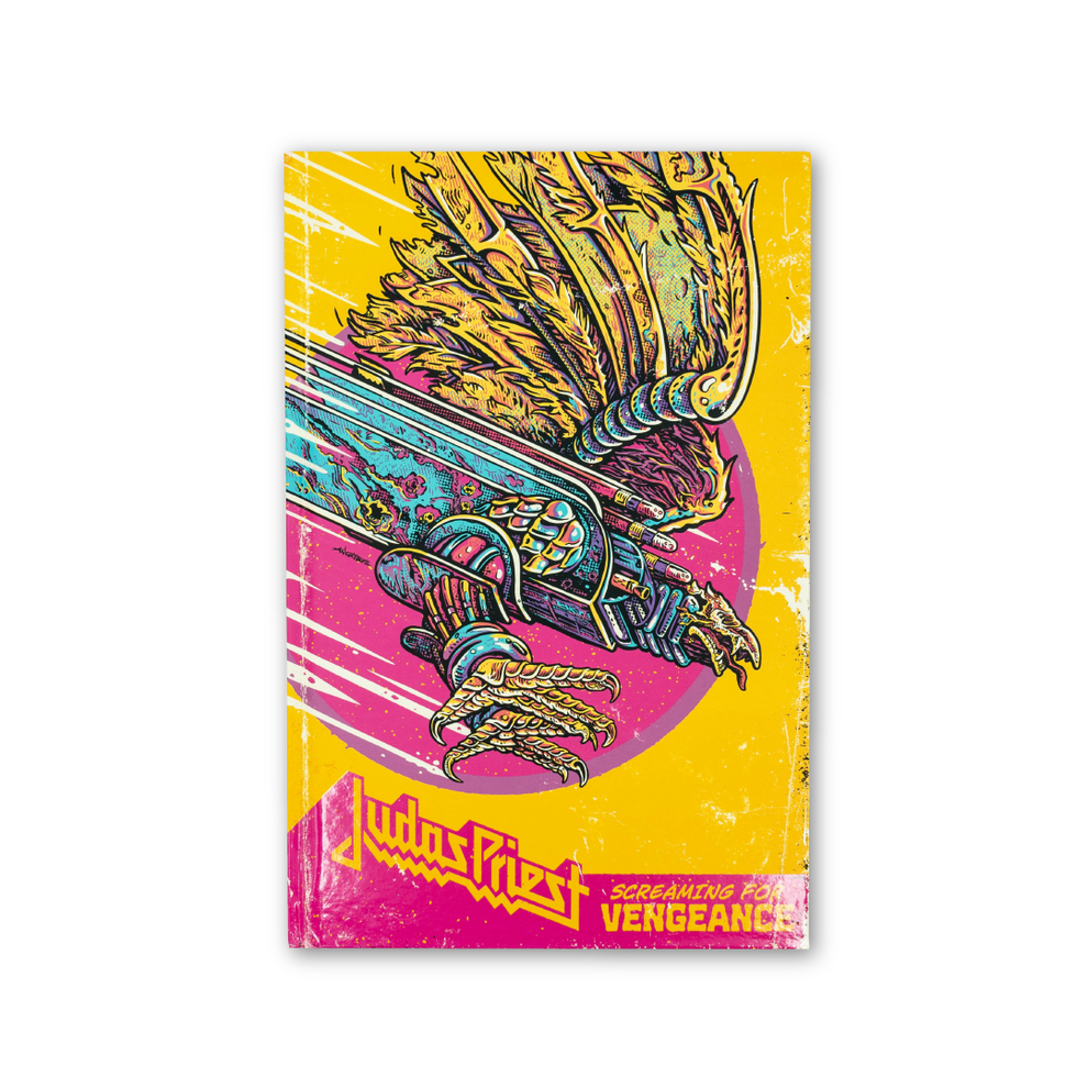 Yellow hardcover book cover with a detailed, colorful eagle and band logo.