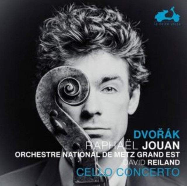 CD cover: portrait of cellist Raphael Jouan with a cello scroll.