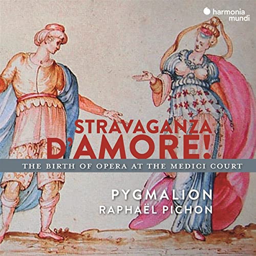 CD cover: Renaissance figures in colorful garments, text “Stravaganza D’amore”.