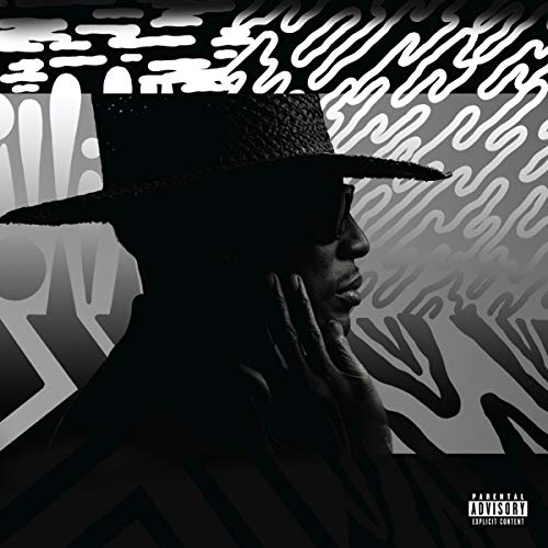 Black and white album cover featuring a man in a hat and sunglasses.