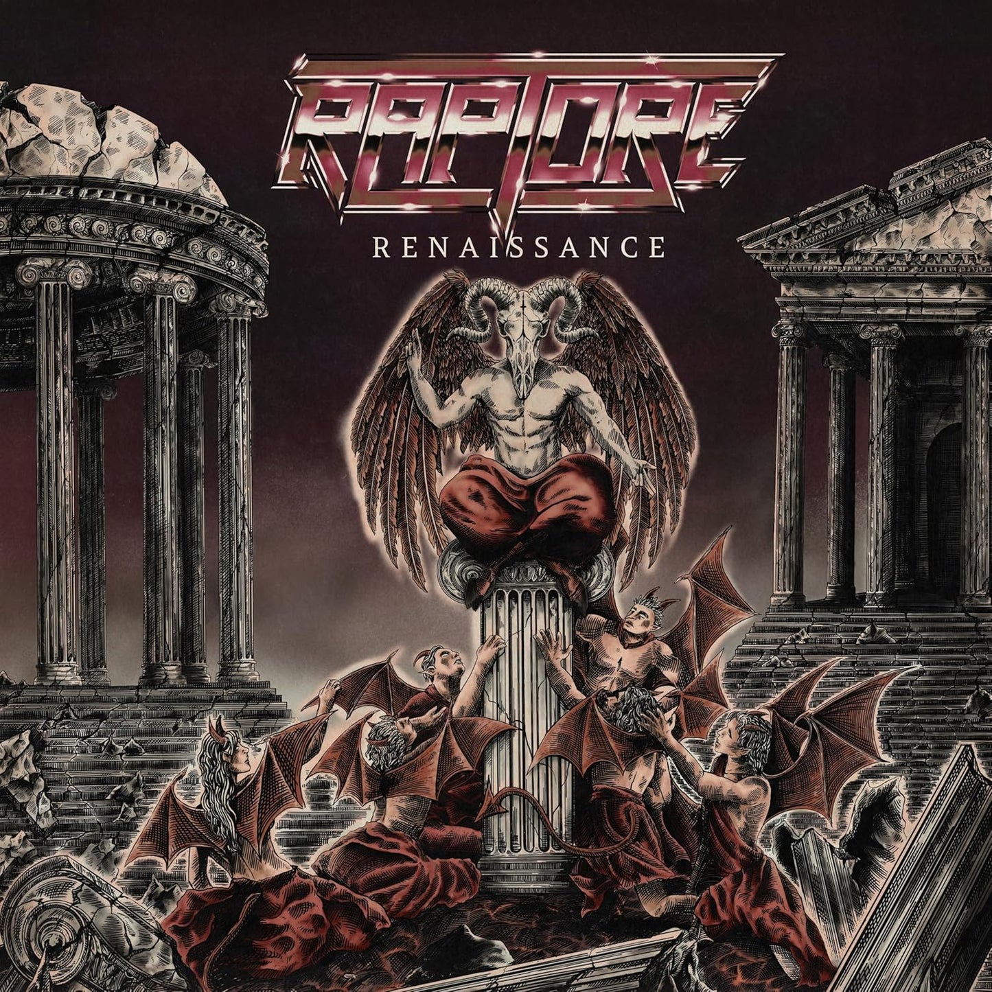 Album cover art featuring a winged, horned figure sitting on a pillar amidst ruins.