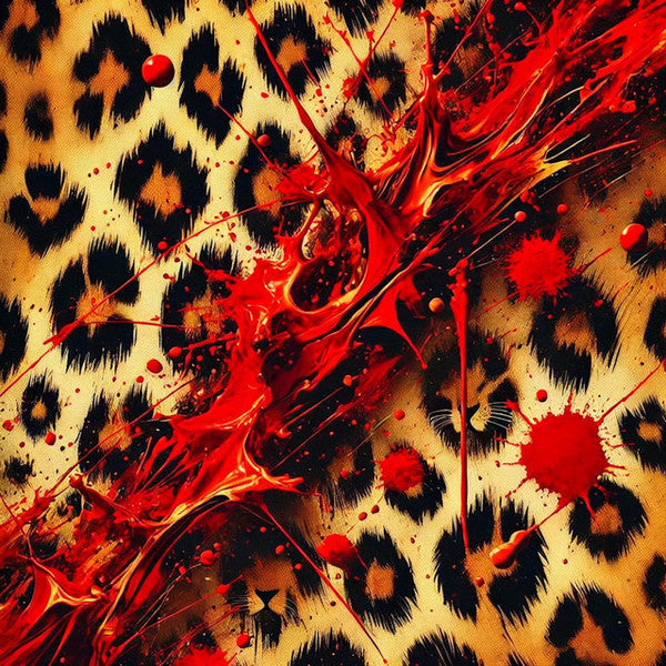 Leopard print background with abstract red splatters and drips.