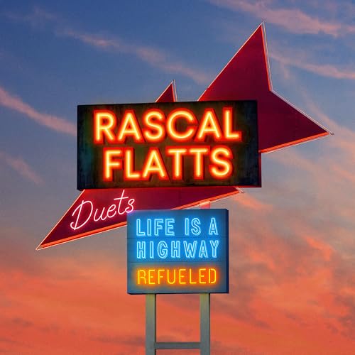 Rascal Flatts album cover with neon signs against a sunset sky.