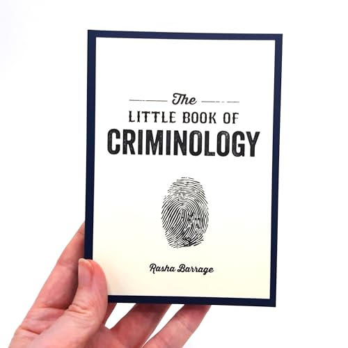 A hand holds a book titled The Little Book of Criminology with a fingerprint icon.