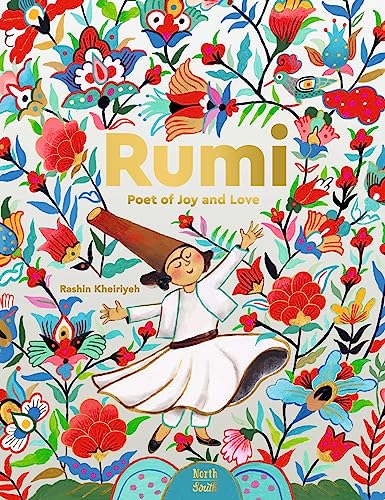 A whirling dervish in a tall hat dances amidst colorful, intricate floral illustrations.