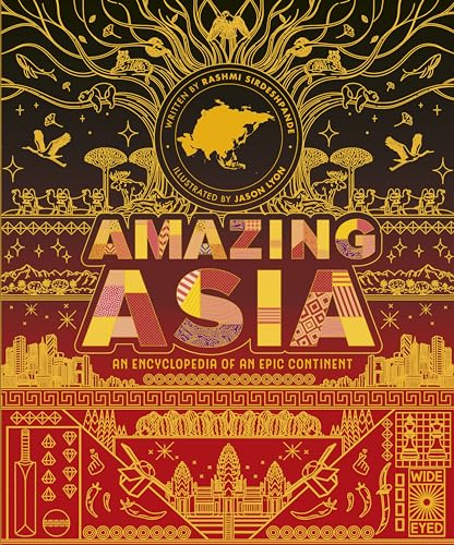 Book cover for “Amazing Asia” with golden illustrations and red background.