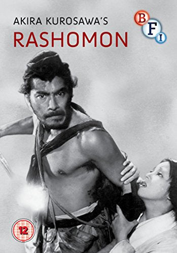 Black and white DVD cover for Akira Kurosawa’s “Rashomon” featuring a dramatic scene.