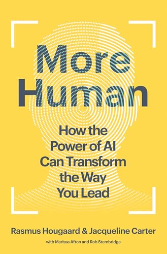 Book cover with blue text on yellow: "More Human" about AI leadership.