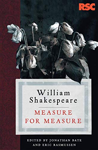 Red book cover with wilted white flowers and "Measure for Measure" title.