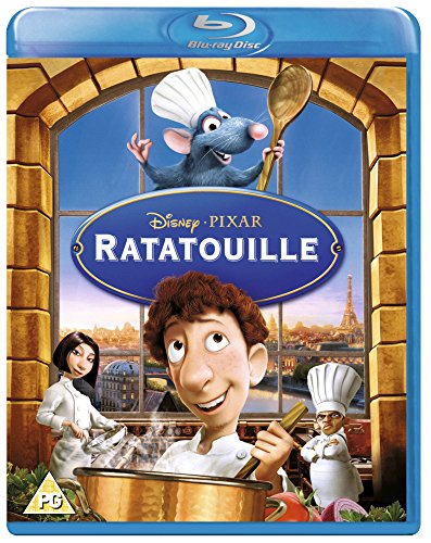 The image depicts a Blu-ray cover for the movie "Ratatouille" featuring a cartoon rat. Alt text: Cartoon rat with large eyes and smiling face on brown background.