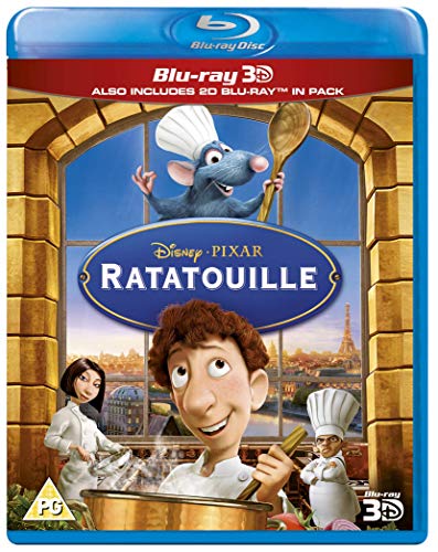 Ratatouille" Blu-ray cover featuring Remy the rat, Linguini, and chefs in Paris.