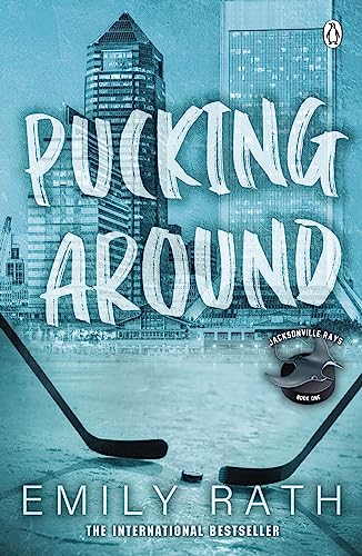 Book cover with title “Pucking Around” over a city and hockey sticks.