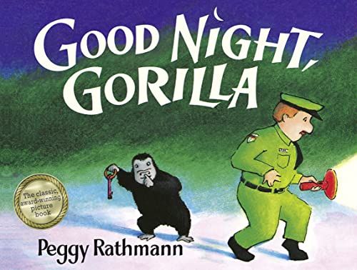 Book cover: gorilla with a red toy follows a zookeeper at night.