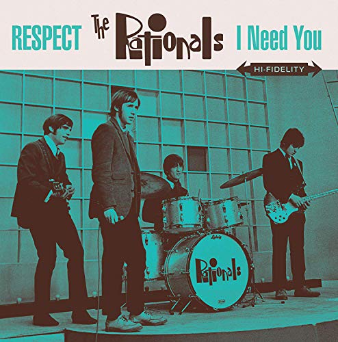 The Rationals band portrait in teal, with drum set and vinyl label.