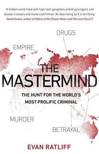 Book cover: “The Mastermind” with a world map background and red splatters.