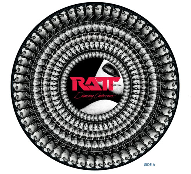 Circular vinyl record with a repeating black and white portrait pattern and Ratt logo.