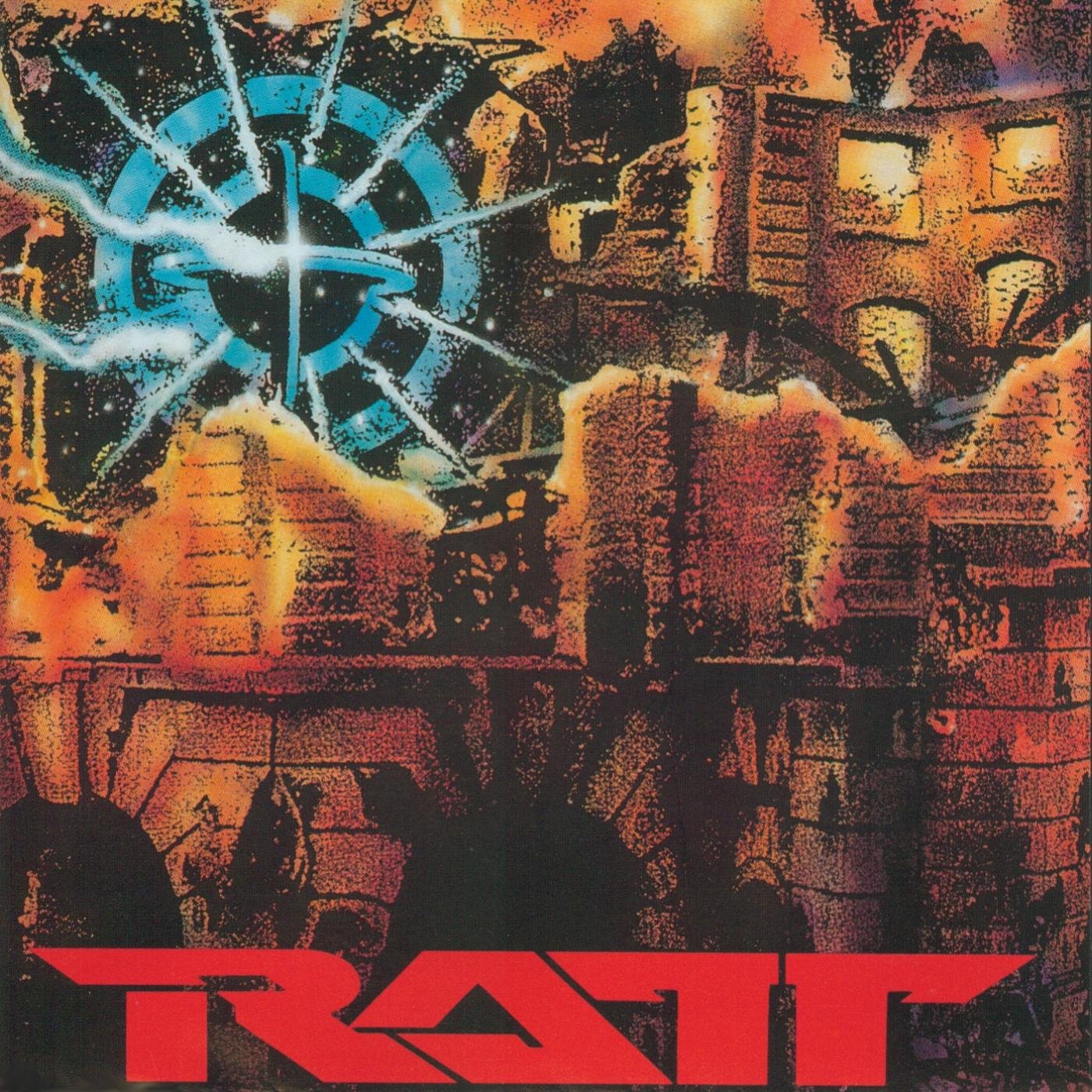 Ratt album cover, "Detonator," featuring a fiery cityscape and blue explosion.