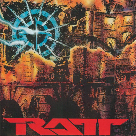 Ratt album cover, "Detonator," featuring a fiery cityscape and blue explosion.