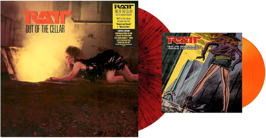 Ratt's "Out of the Cellar" vinyl record with red and black splatter.
