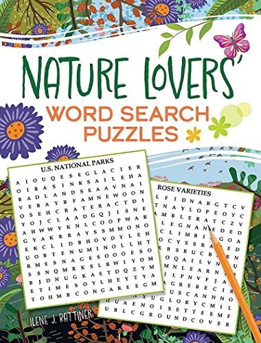 Book cover with “Nature Lovers’ Word Search Puzzles” title and floral designs.