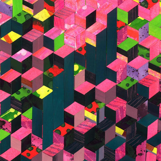 Abstract geometric album cover with colorful, stacked rectangular blocks.