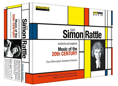 DVD cover featuring Sir Simon Rattle with geometric pattern and text "Music of the 20th Century".