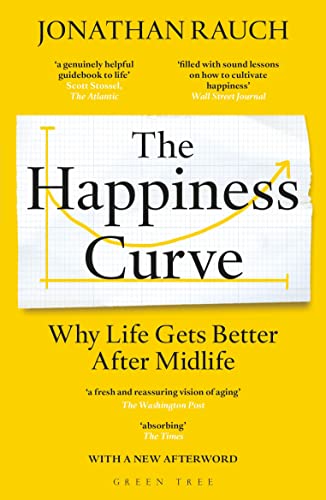 Book cover titled The Happiness Curve by Jonathan Rauch on a bright yellow background.