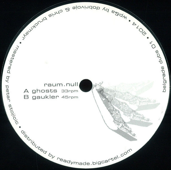 Black vinyl record label with white text and a moth illustration.