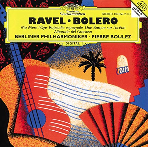 CD cover for Ravel’s Bolero featuring a guitar, palm tree, and fan.