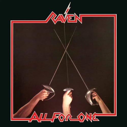 Raven “All For One” album cover: crossed fencing swords and hands.
