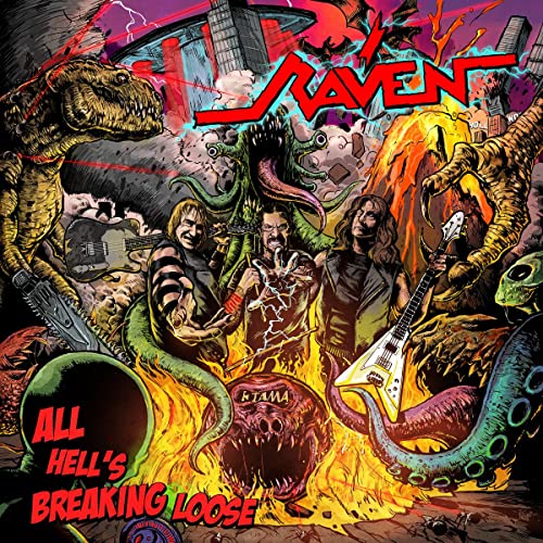Raven album cover: band with monsters, dinosaurs, and fiery destruction.