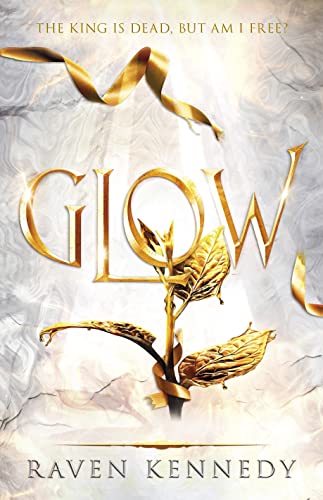 Book cover for "Glow" with gold lettering, plant, and ribbon design.