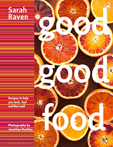 Cookbook cover with citrus slices and bold white text: "good good food".