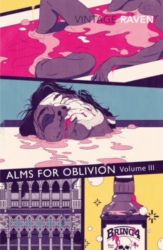 Book cover: man in bathtub, blood, building, and bottle illustration.
