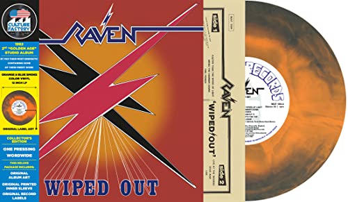 Raven Wiped Out album cover, inner sleeve, and orange and blue marbled vinyl record.