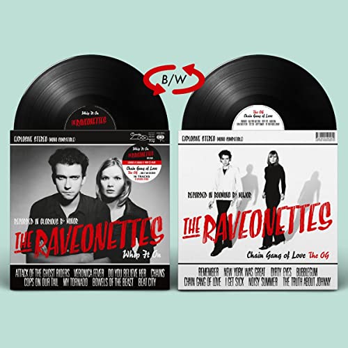 Two vinyl records by The Raveonettes with red and white album art.