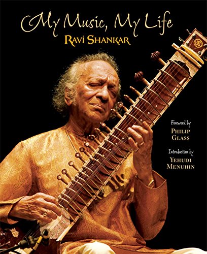 Ravi Shankar with a sitar on a dark background, book cover.