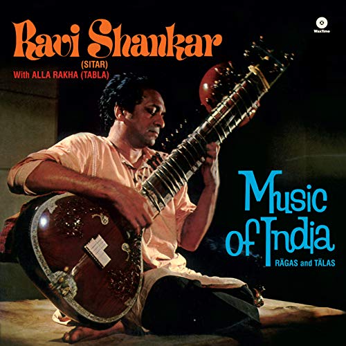Vinyl record sleeve with Ravi Shankar's image and musical notation or Indian-inspired design elements.