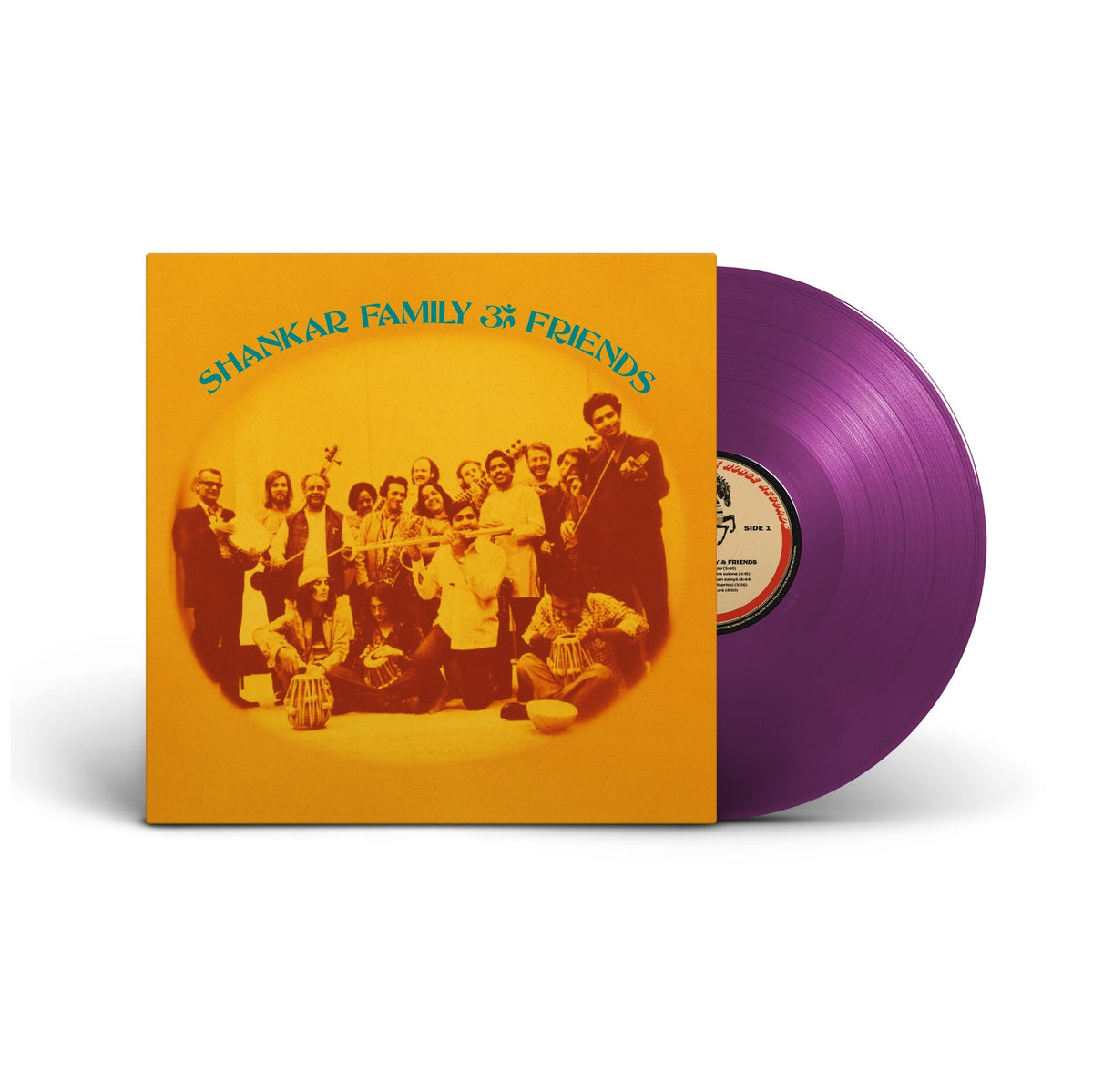 "Vinyl record with orange cover featuring group photo, partially revealing purple vinyl."