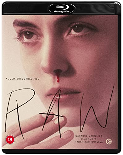 Blu-ray cover for "Raw" featuring a close-up of a woman’s face with blood.