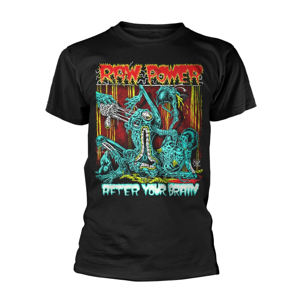 Black t-shirt with a distorted, colorful, sci-fi horror graphic.