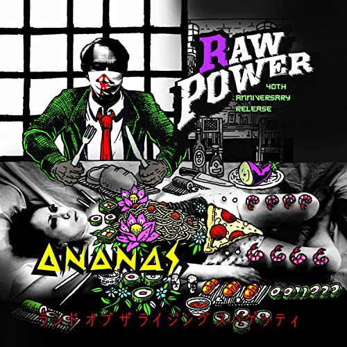 Surreal album cover with a masked figure, spaghetti, and unsettling imagery.