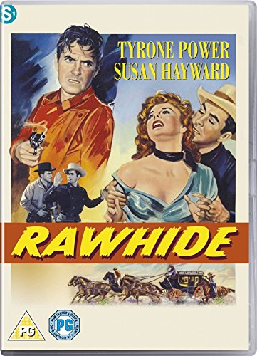 DVD cover art for the western film Rawhide featuring Tyrone Power and Susan Hayward.