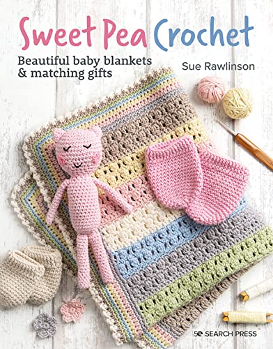 Book cover showing a crocheted baby blanket, pink toy, booties, and yarn on wood.